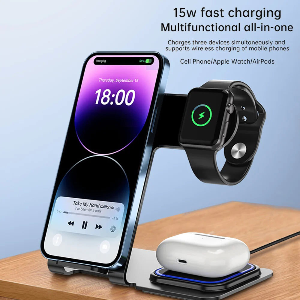 USP 3-in-1 Wireless Charging Station 15W Aluminum Alloy - Black, Non-Slip, Save & Faster Charger,Portable,LED Charging Status, 5 Years Warranty - Image 1