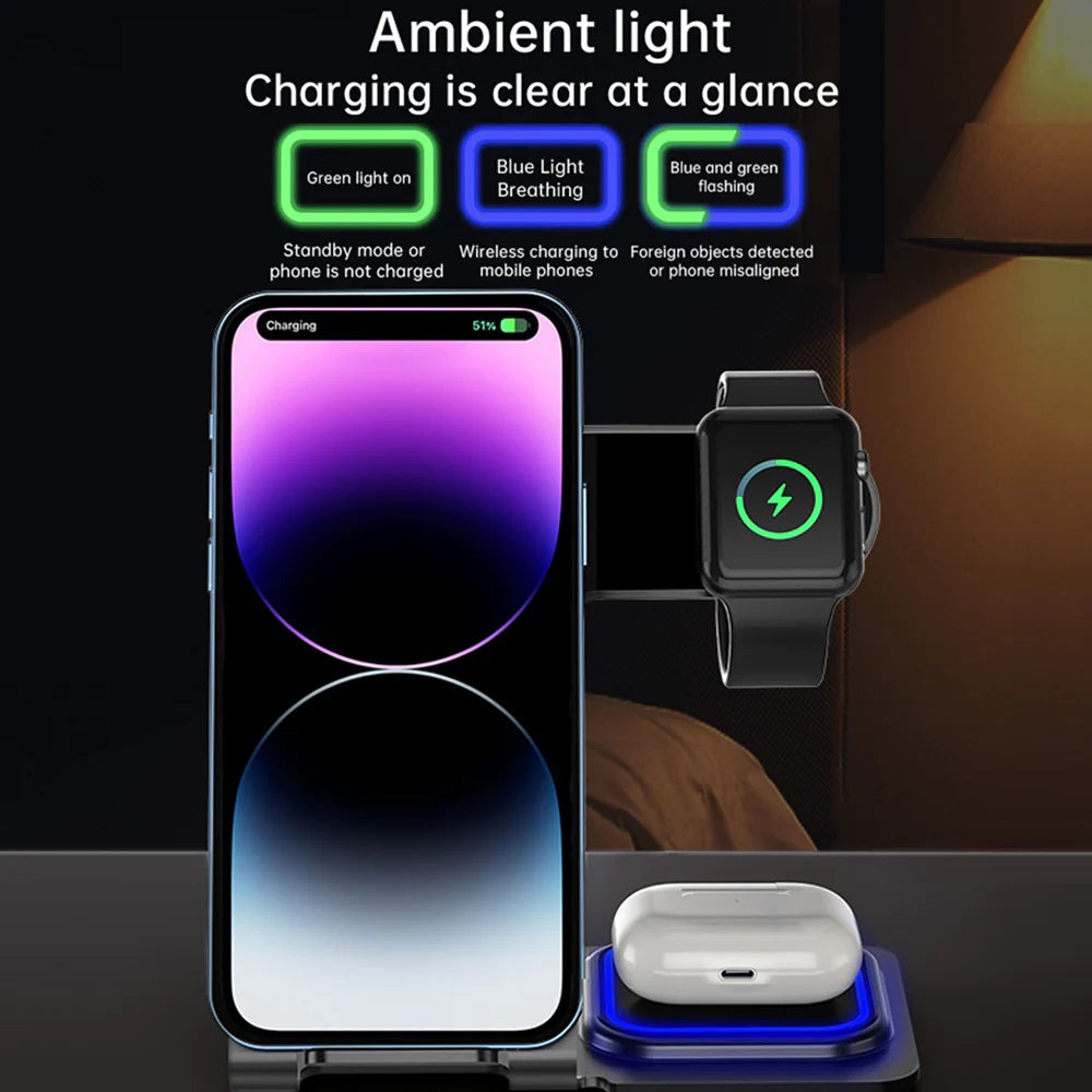USP 3-in-1 Wireless Charging Station 15W Aluminum Alloy - Black, Non-Slip, Save & Faster Charger,Portable,LED Charging Status, 5 Years Warranty - Image 2