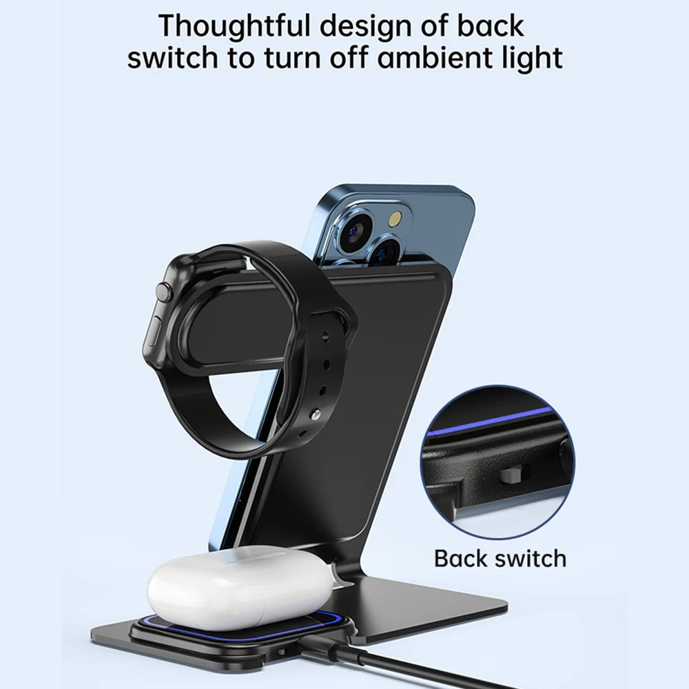 USP 3-in-1 Wireless Charging Station 15W Aluminum Alloy - Black, Non-Slip, Save & Faster Charger,Portable,LED Charging Status, 5 Years Warranty - Image 3