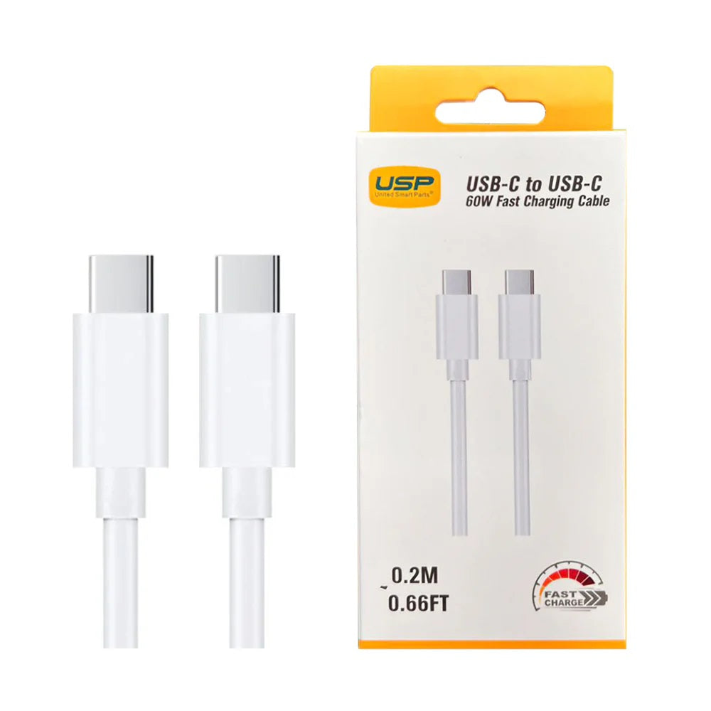USP USB-C to USB-C 60W Mini Cable (0.2M) White - High Performance,Durable, High Speed, Samsung Galaxy, Apple iPhone, iPad, MacBook, 5 Years Warranty - Image 3