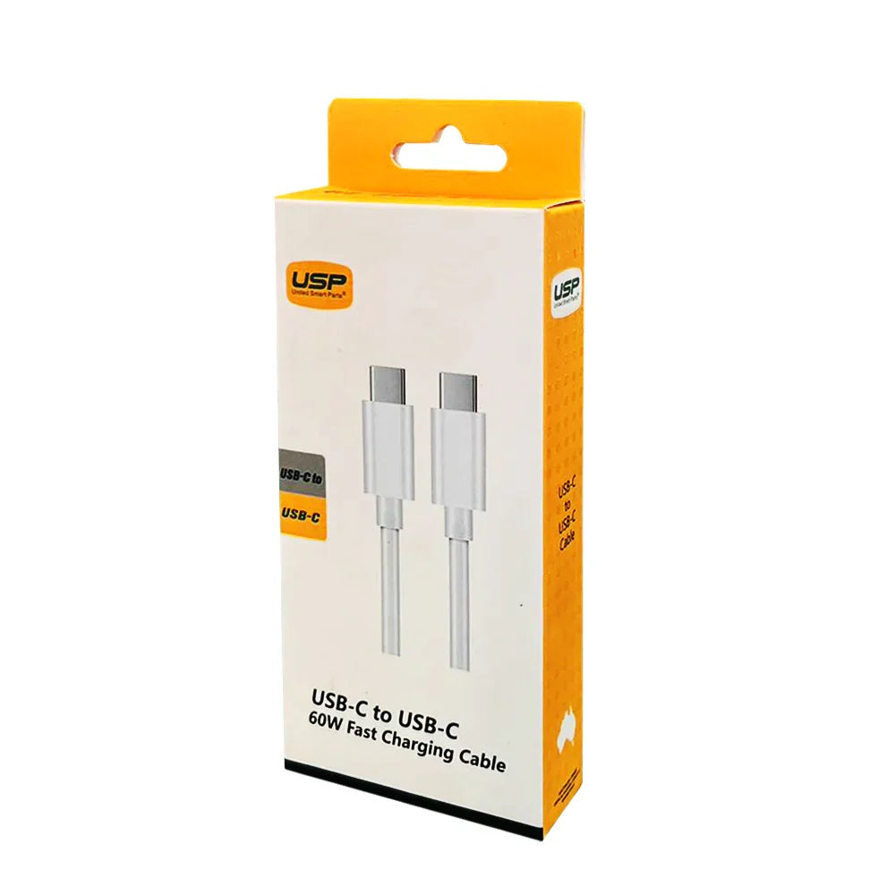 USP USB-C to USB-C 60W Mini Cable (0.2M) White - High Performance,Durable, High Speed, Samsung Galaxy, Apple iPhone, iPad, MacBook, 5 Years Warranty - Image 2