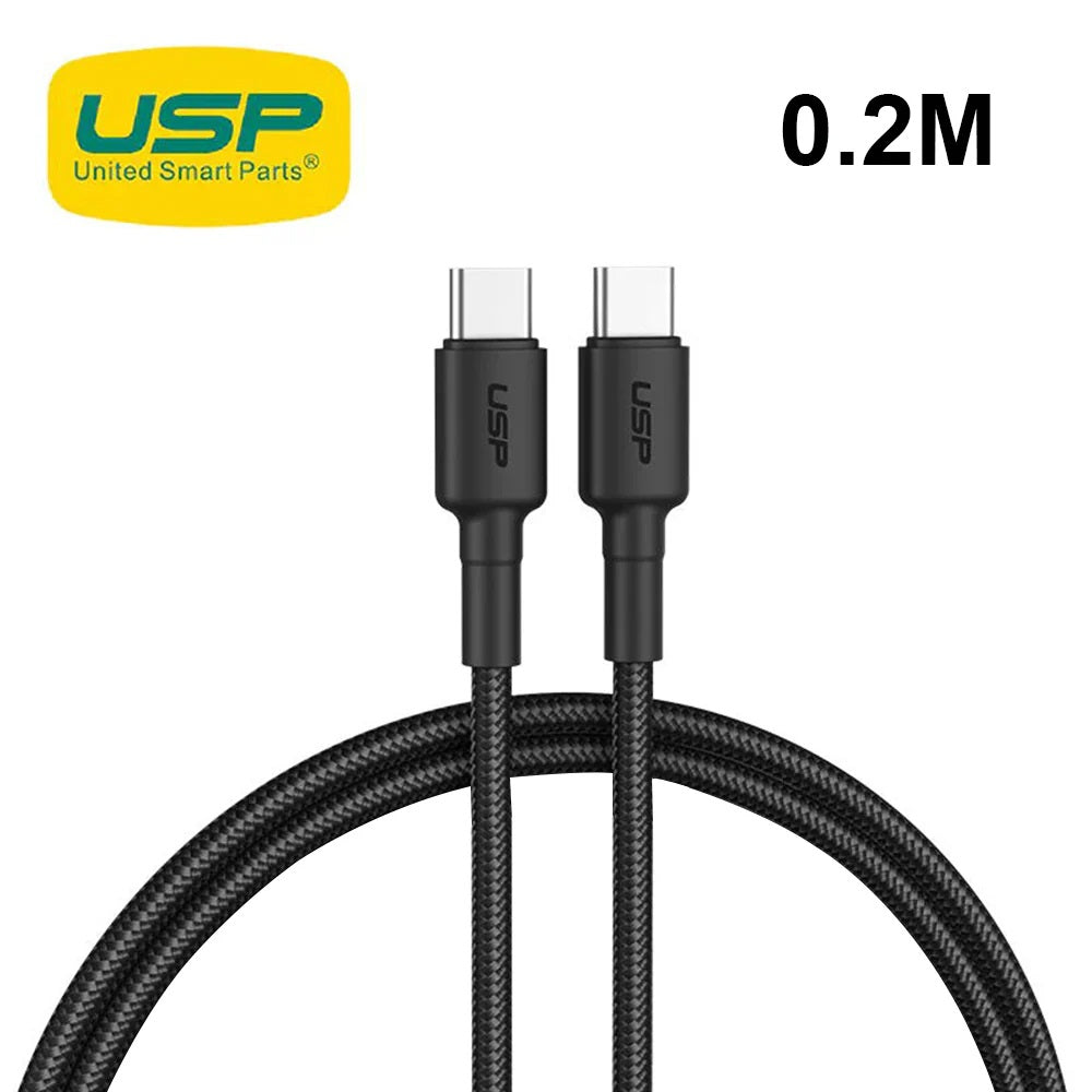 USP BoostUp Braided USB-C to USB-C Cable (0.2M) Black-3A/60W, Fast & Safe Charge,Samsung Galaxy,Apple iPhone,iPad,MacBook,Google,OPPO,5 Years Warranty - Image 1