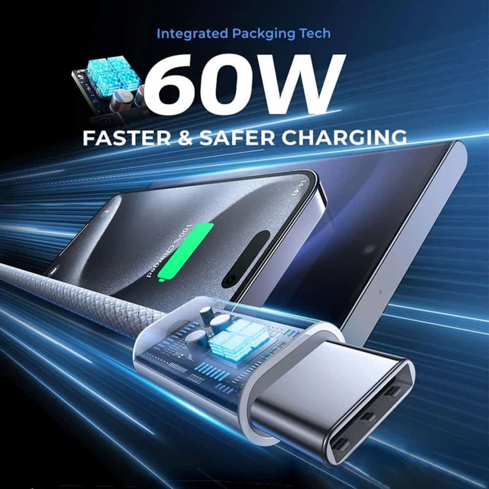 USP BoostUp Braided USB-C to USB-C Cable (0.2M) - White, 3A/60W, 480Mbps, 40K+ Bends, Safe & Fast, Apple iPhone, Samsung Galaxy, 5 Years Warranty - Image 2
