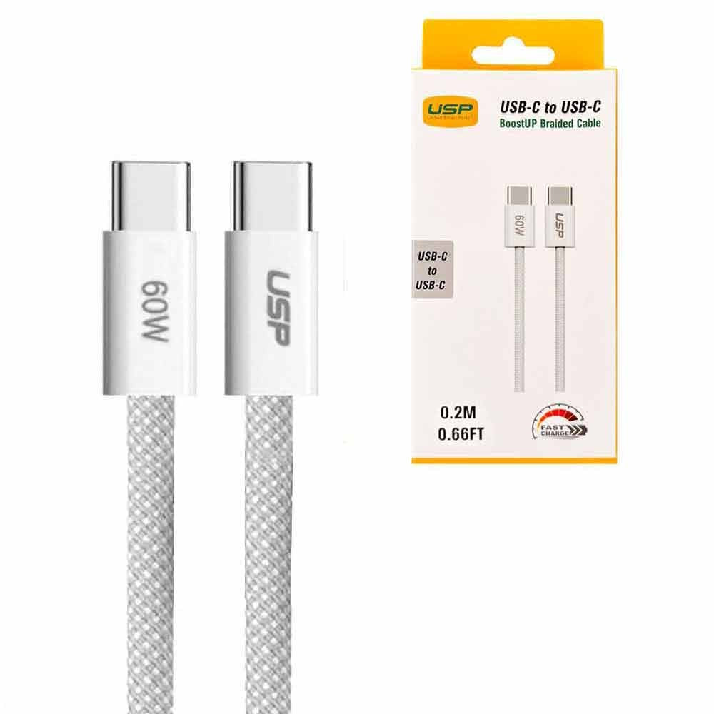 USP BoostUp Braided USB-C to USB-C Cable (0.2M) - White, 3A/60W, 480Mbps, 40K+ Bends, Safe & Fast, Apple iPhone, Samsung Galaxy, 5 Years Warranty - Image 5