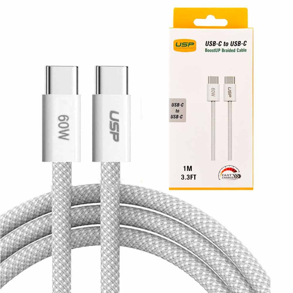 USP BoostUp Braided USB-C to USB-C Cable (1M) - White, 3A/60W, 480Mbps, 40K+ Bends, Solid & Durable, Apple iPhone, Samsung Galaxy, 5 Years Warranty - Image 5