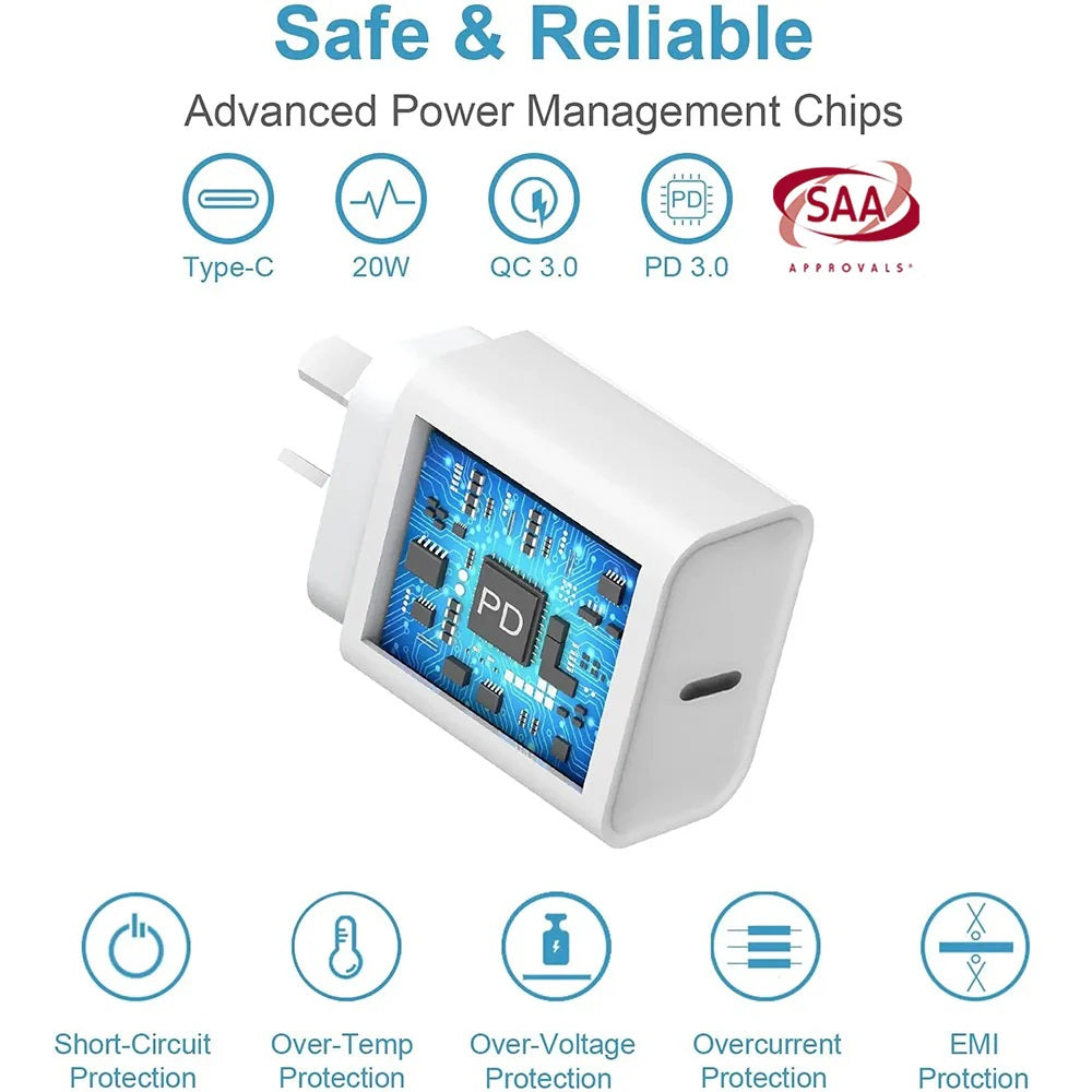 USP 20W USB-C PD Fast Wall Charger - White, Fast Charging, Safety Certified, Universally Compatible, Lightweight and Portable, 5 Years Warranty - Image 3