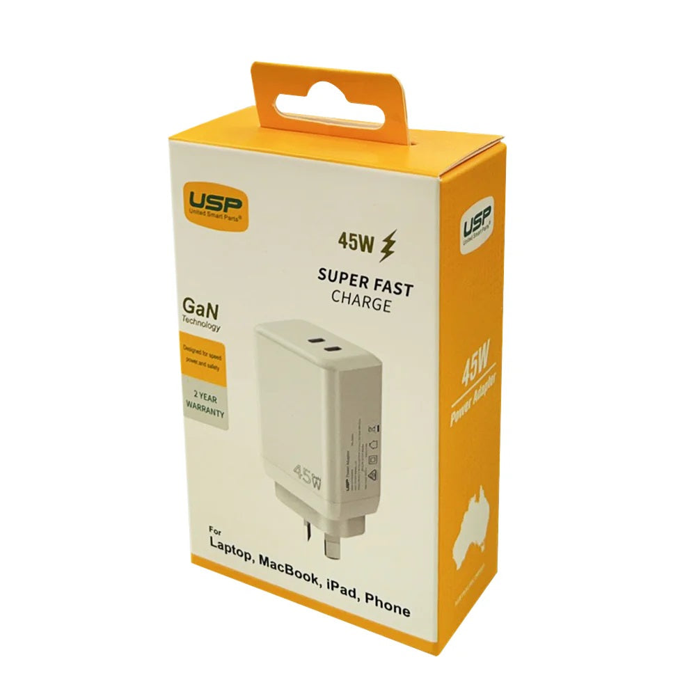USP 45W Dual Port USB-C PD GaN Fast Wall Charger - White, Charge Two Device Simultaneously,Compact and Lightweight, 5 Years Warranty - Image 2