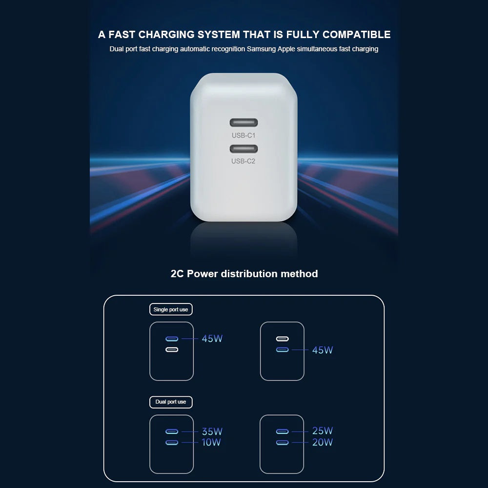 USP 45W Dual Port USB-C PD GaN Fast Wall Charger - White, Charge Two Device Simultaneously,Compact and Lightweight, 5 Years Warranty - Image 4