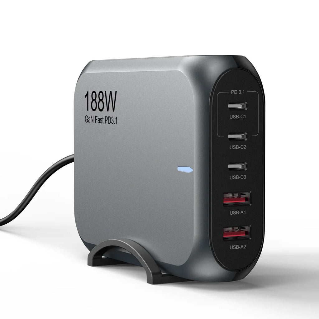 USP 188W GaN 5 Ports USB-C PD Laptop Wall Charger Black - 3x USB-C, 2x USB-A, Efficiently, High Quality, Tablet, Laptop, iPhone, 5 Years Warranty - Image 5