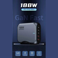USP 188W GaN 5 Ports USB-C PD Laptop Wall Charger Black - 3x USB-C, 2x USB-A, Efficiently, High Quality, Tablet, Laptop, iPhone, 5 Years Warranty - Image 3