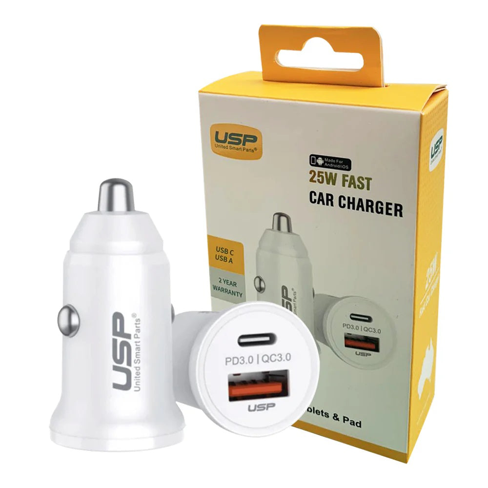 USP 43W Dual Port Fast Car Charger - White, 1xUSB-C(25W), 1xUSB-A(18W QC 3.0), Compact & Lightweight, 5 Years Warranty - Image 3