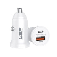USP 43W Dual Port Fast Car Charger - White, 1xUSB-C(25W), 1xUSB-A(18W QC 3.0), Compact & Lightweight, 5 Years Warranty - Image 2