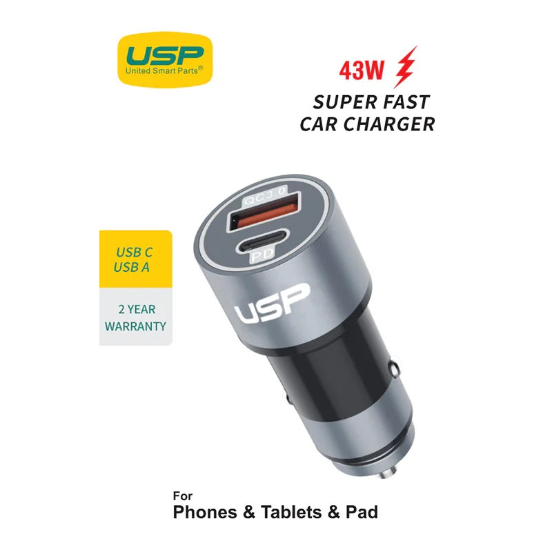 USP 43W Dual Port Car Charger (USB-C PD 25W + USB-A QC 3.0) – Silver, Smart Protection, Dual USB, Fast charging for Samsung & iPhone, 5 Years Warranty - Image 5