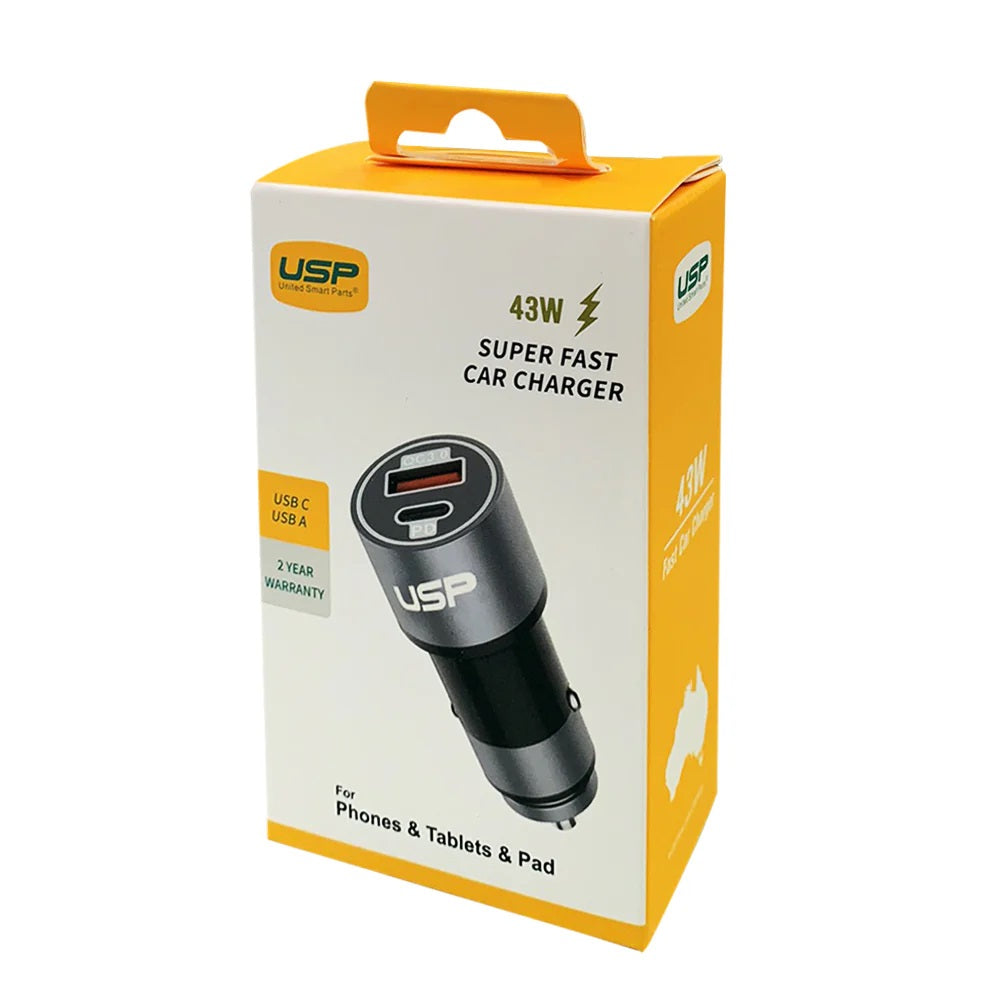 USP 43W Dual Port Car Charger (USB-C PD 25W + USB-A QC 3.0) – Silver, Smart Protection, Dual USB, Fast charging for Samsung & iPhone, 5 Years Warranty - Image 2