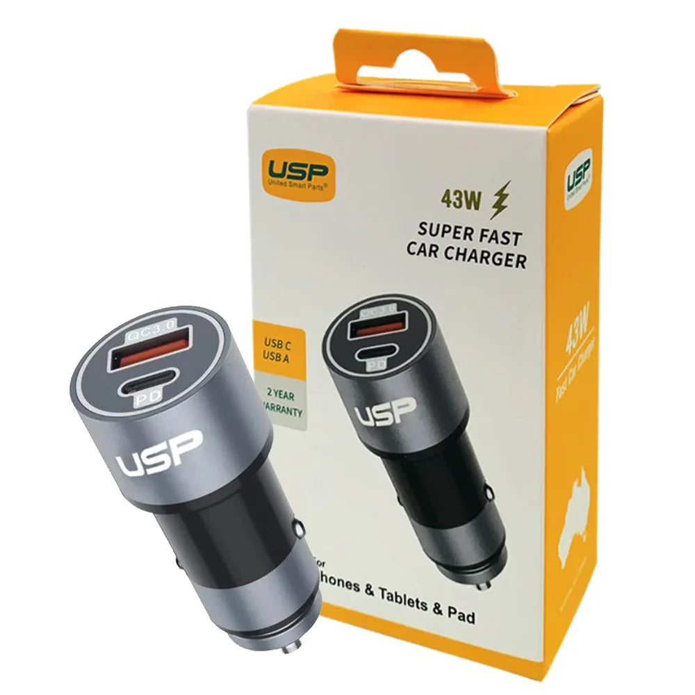 USP 43W Dual Port Car Charger (USB-C PD 25W + USB-A QC 3.0) – Silver, Smart Protection, Dual USB, Fast charging for Samsung & iPhone, 5 Years Warranty - Image 3
