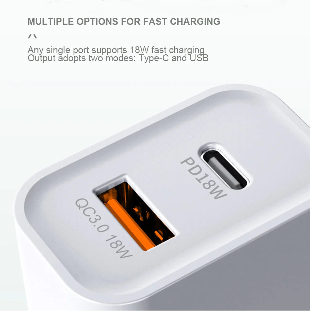 USP 20W Dual Port Fast Wall Charger - White, 1xUSB-C(20W PD), 1xUSB-A(18W QC 3.0), Compact and Lightweight, 5 Years Warranty - Image 2