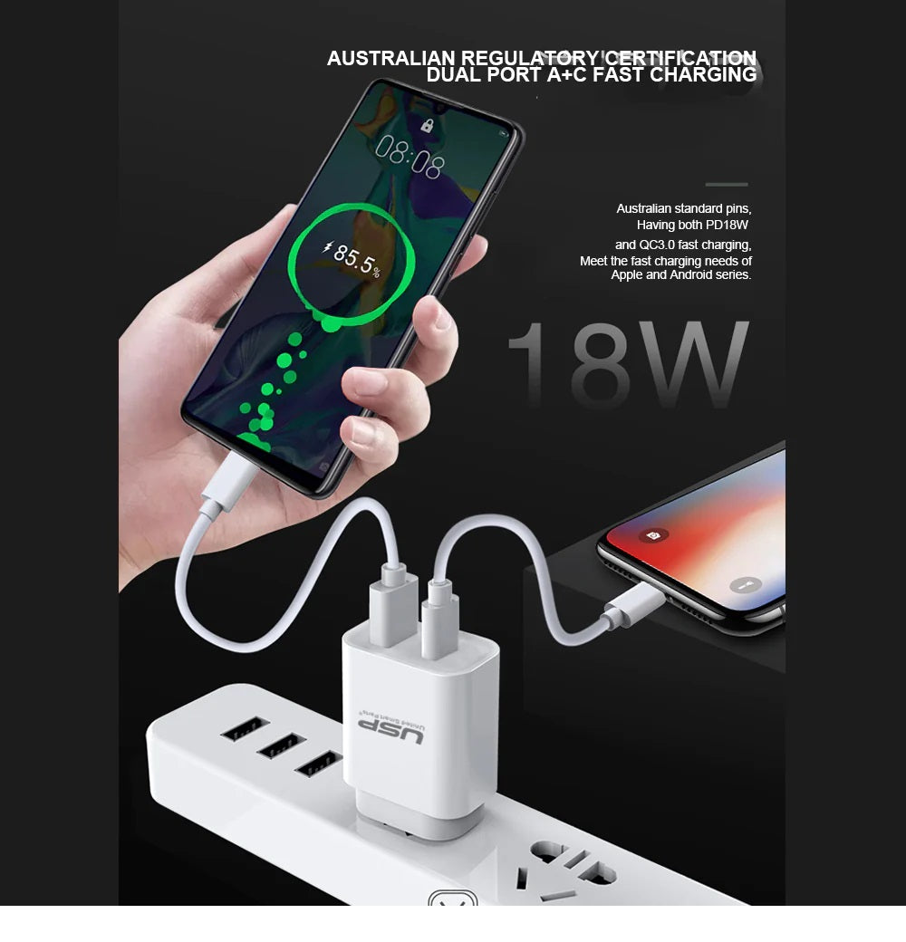 USP 20W Dual Port Fast Wall Charger - White, 1xUSB-C(20W PD), 1xUSB-A(18W QC 3.0), Compact and Lightweight, 5 Years Warranty - Image 3