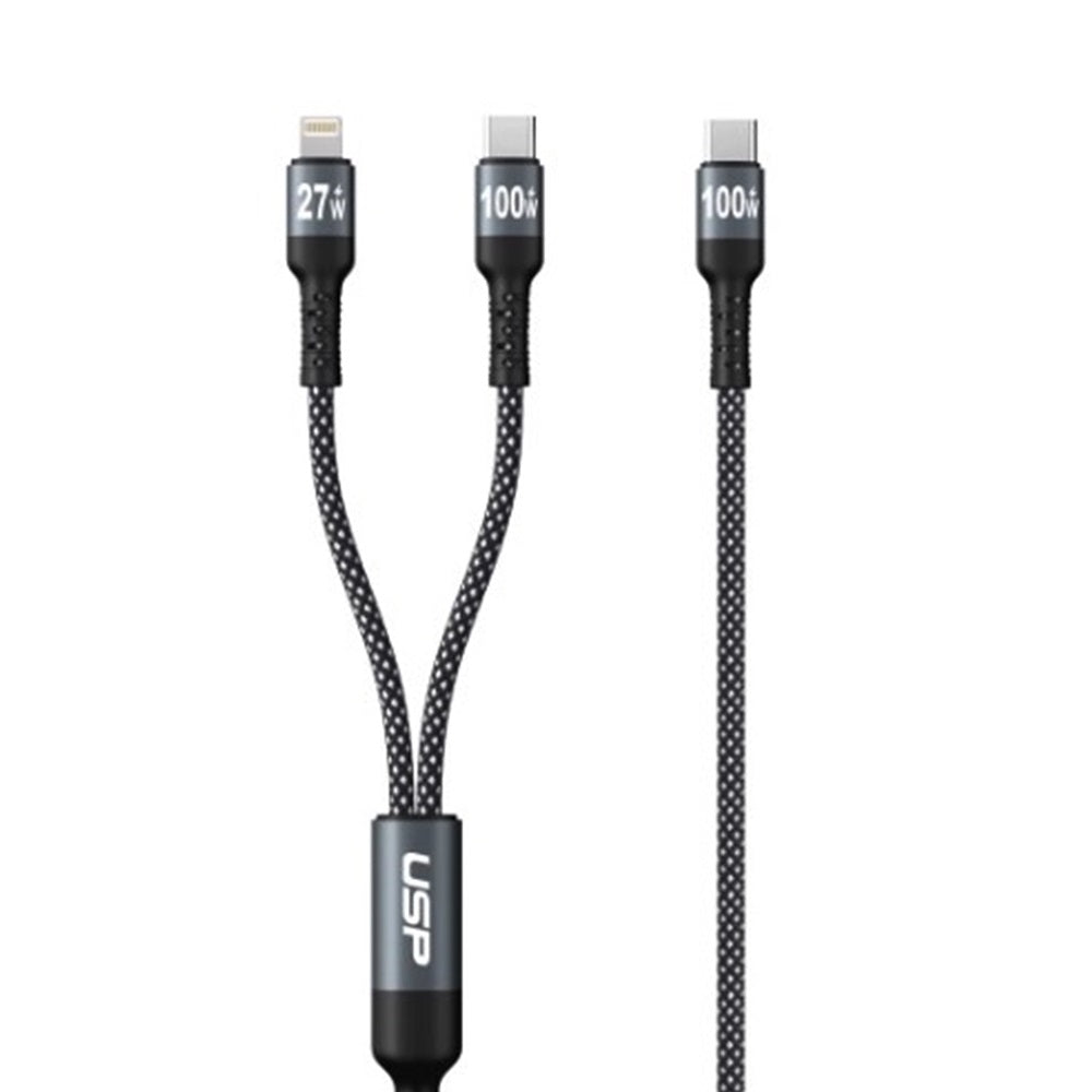 USP Braided 2-in-1 USB-C to Lighting (27W) + USB-C (100W) Super Fast Charging Cable (1.2M) Black - High Speed Charging, 5 Years Warranty - Image 5