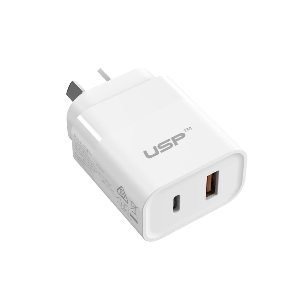 USP 30W Dual Port Fast Wall Charger - White, 1xUSB-C(30W PD), 1xUSB-A(18W QC 3.0), Compact and Lightweight, 5 Years Warranty - Image 2