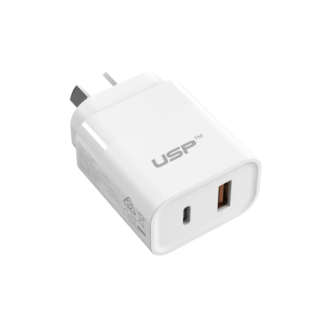 USP 30W Dual Port Fast Wall Charger - White, 1xUSB-C(30W PD), 1xUSB-A(18W QC 3.0), Compact and Lightweight, 5 Years Warranty - Image 2