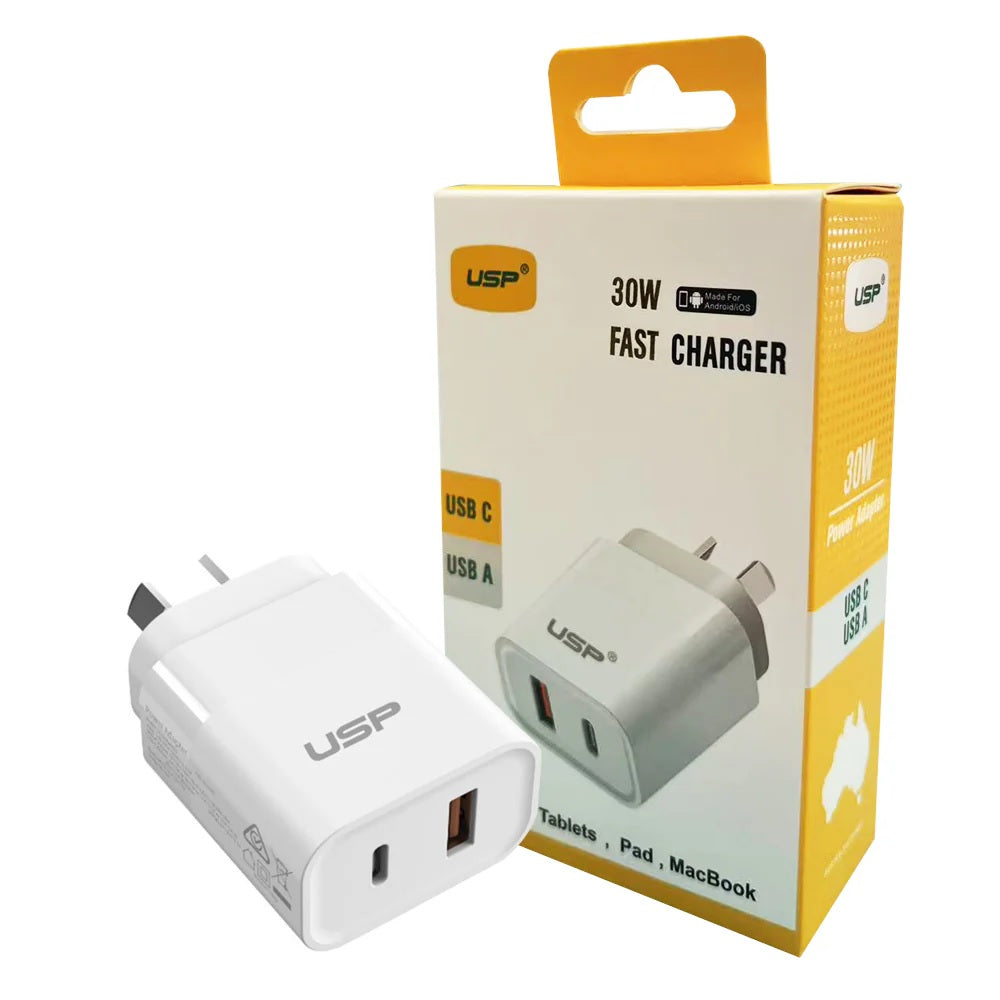 USP 30W Dual Port Fast Wall Charger - White, 1xUSB-C(30W PD), 1xUSB-A(18W QC 3.0), Compact and Lightweight, 5 Years Warranty - Image 5