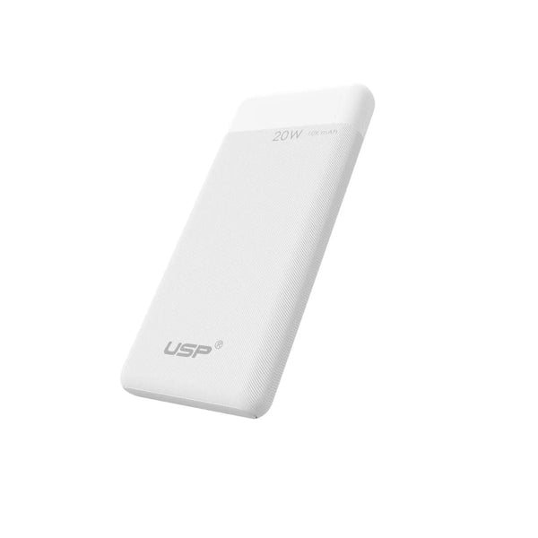USP 10K mAh Power Bank White - 20W Fast Charge, 1x USB-C, 1x USB-A, Built-in Electricity Indicator Light, Fire-Resistant, 2 Years Warranty