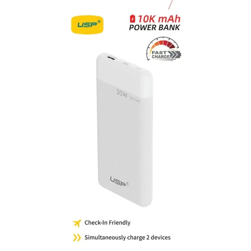 USP 10K mAh Power Bank White - 20W Fast Charge, 1x USB-C, 1x USB-A, Built-in Electricity Indicator Light, Fire-Resistant, 2 Years Warranty - Image 4