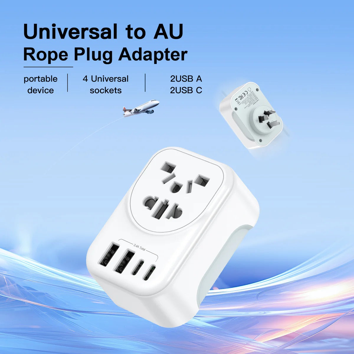USP Australian Inbound Travel Adapter 2 USB-A + 2 USB-C + AC Socket, Portable device, 4 Universal Sockets, SAA Certification, 5 Years Warranty - Image 3