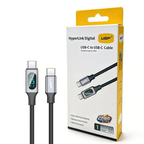USP Braided HyperLink USB-C to USB-C (1M) Digital Display Cable - Black, Charge & Connect,Digital Display,140W PD, 5 Years Warranty - Image 1