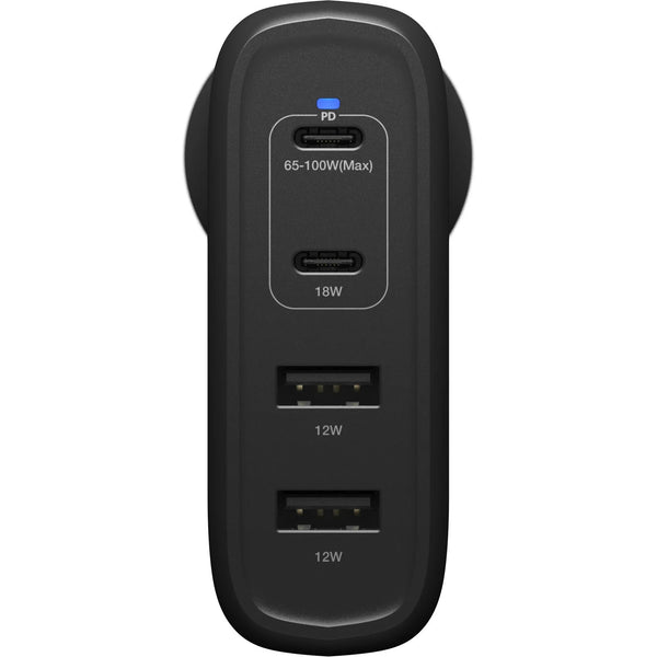 OtterBox 100W Four Port USB-C (Type I) PD Fast GaN Wall Charger - Black (78-81355), Dual USB-C (100W+18W), Dual USB-A (12W), 2 Years Warranty