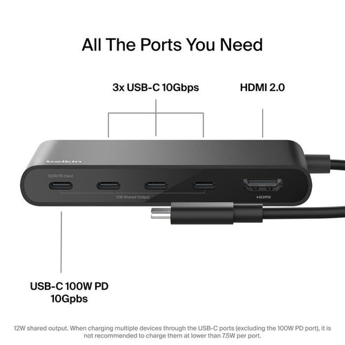 Belkin Connect USB-C to 5-Port USB-C Hub - Black (AVC021fqBK), 100W PD, 10Gbps, 1x 4K HDMI, 4x USB-C, 4K@60Hz, Fire-Resistant, 2 Years Warranty - Image 2