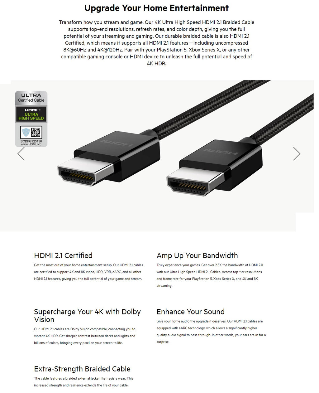 Belkin 8K Ultra High Speed HDMI 2.1 Braided Cable (2M) - Black (AV10176bt2M-BLK), 8k @ 60Hz, 4K @ 120Hz, Dolby Vision, HDR 10, 2 Years Warranty - Image 4