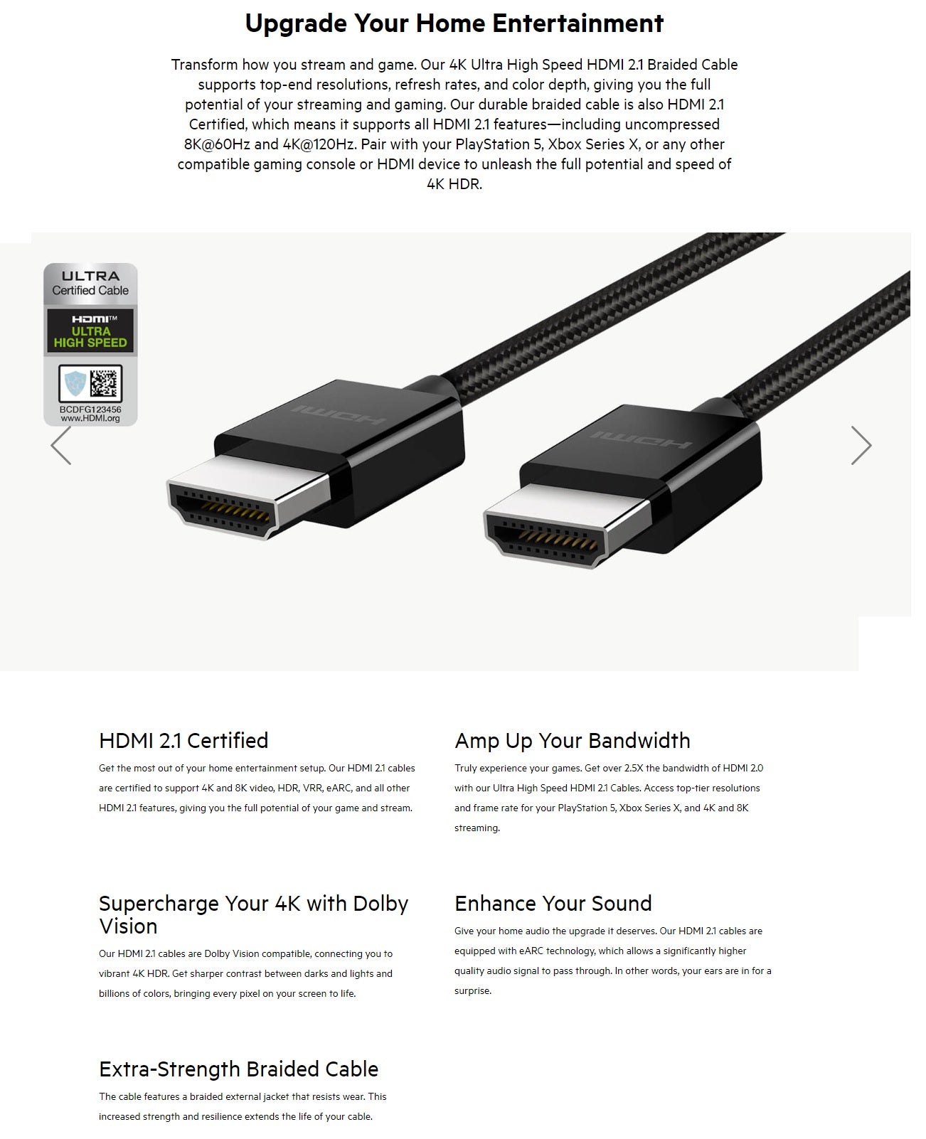 Belkin 8K Ultra High Speed HDMI 2.1 Braided Cable (2M) - Black (AV10176bt2M-BLK), 8k @ 60Hz, 4K @ 120Hz, Dolby Vision, HDR 10, 2 Years Warranty - Image 4