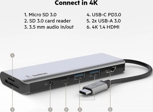 Belkin Connect USB-C 7-in-1 Multiport Hub Adapter - Space Grey (AVC009btSGY), 100W PD, 5 Gbps, 1x 4K HDMI, 2x USB-A, 1x USB-C, 1x SD, 2 Years Warranty