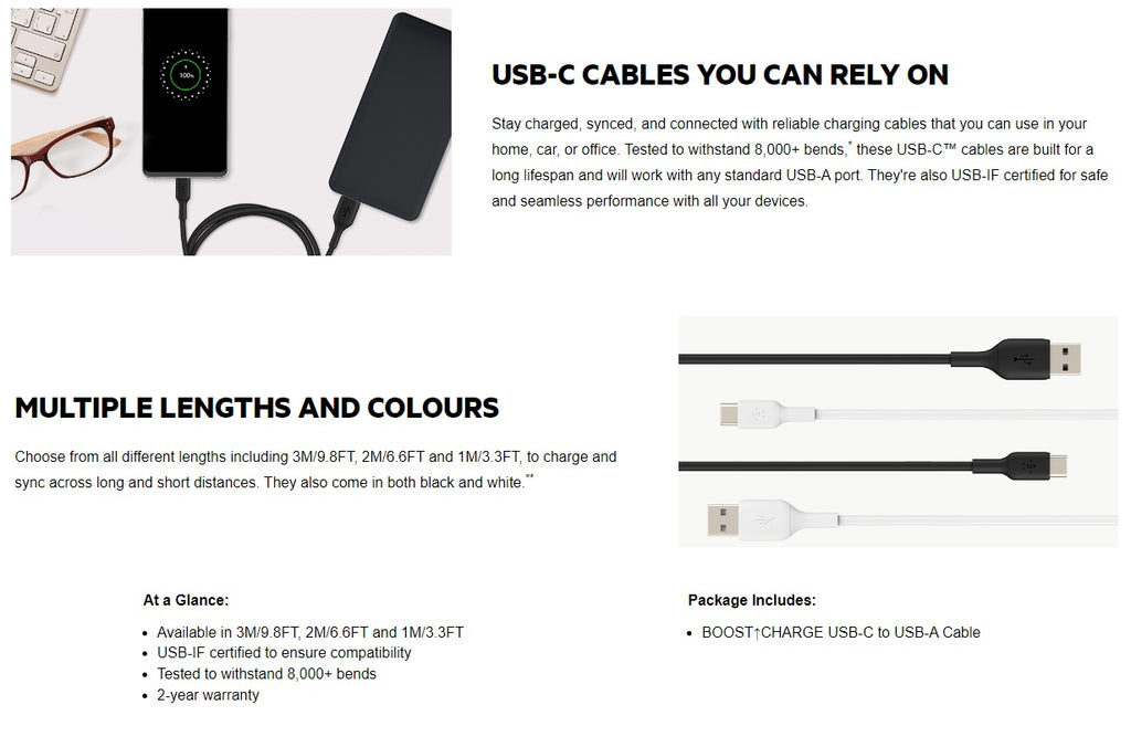 Belkin BoostCharge USB-C to USB-A Cable (1M) - White (CAB001bt1MWH), 3A/15W, 480Mbps, 25K+ Bends, Apple, Samsung, USB-IF Certified, 2 Years Warranty - Image 4