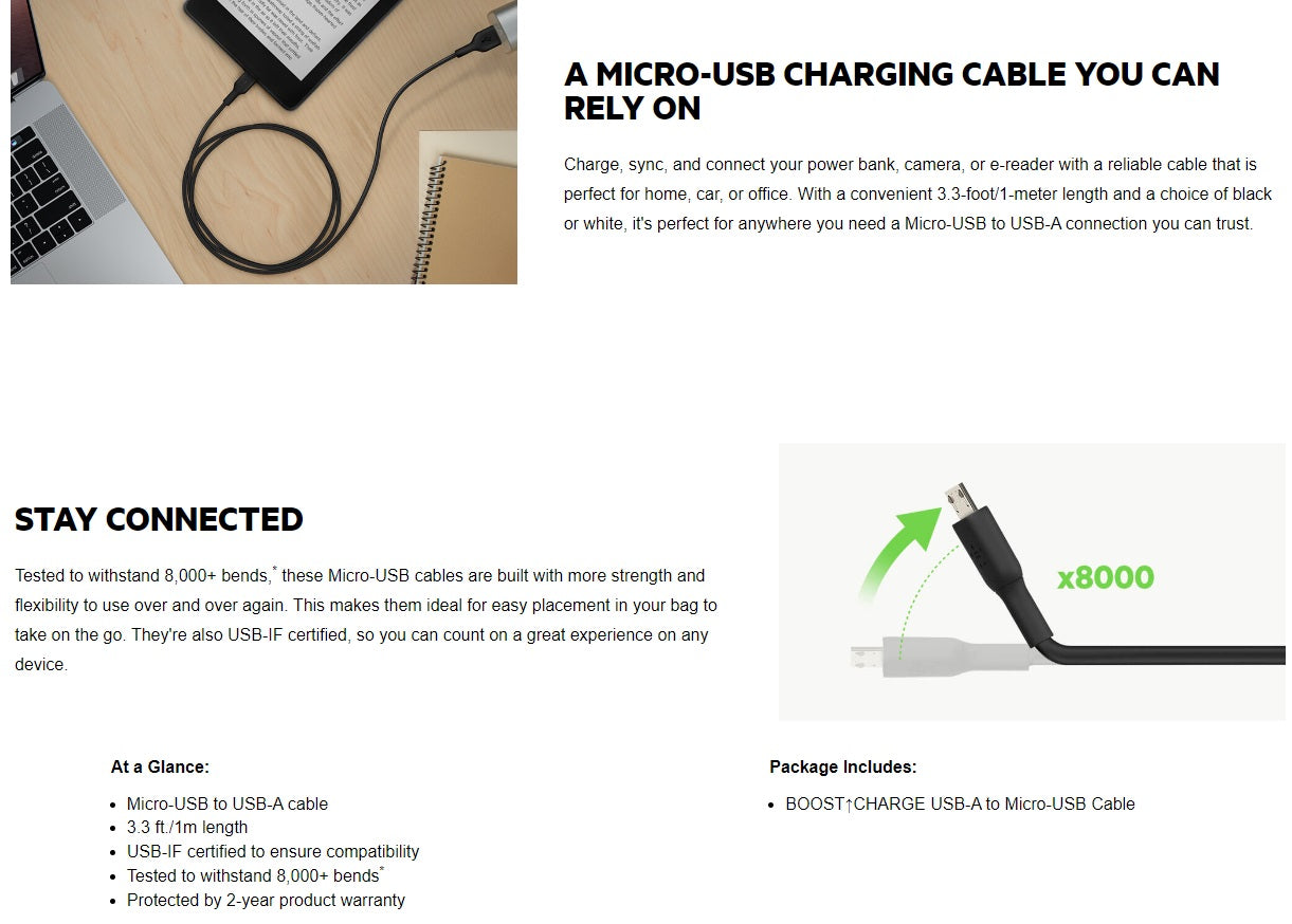 Belkin BoostCharge USB-A to Micro-USB Cable (1M) - Black (CAB005bt1MBK), 25K+ Bends, USB-IF Certified, .2 Years Warranty - Image 4