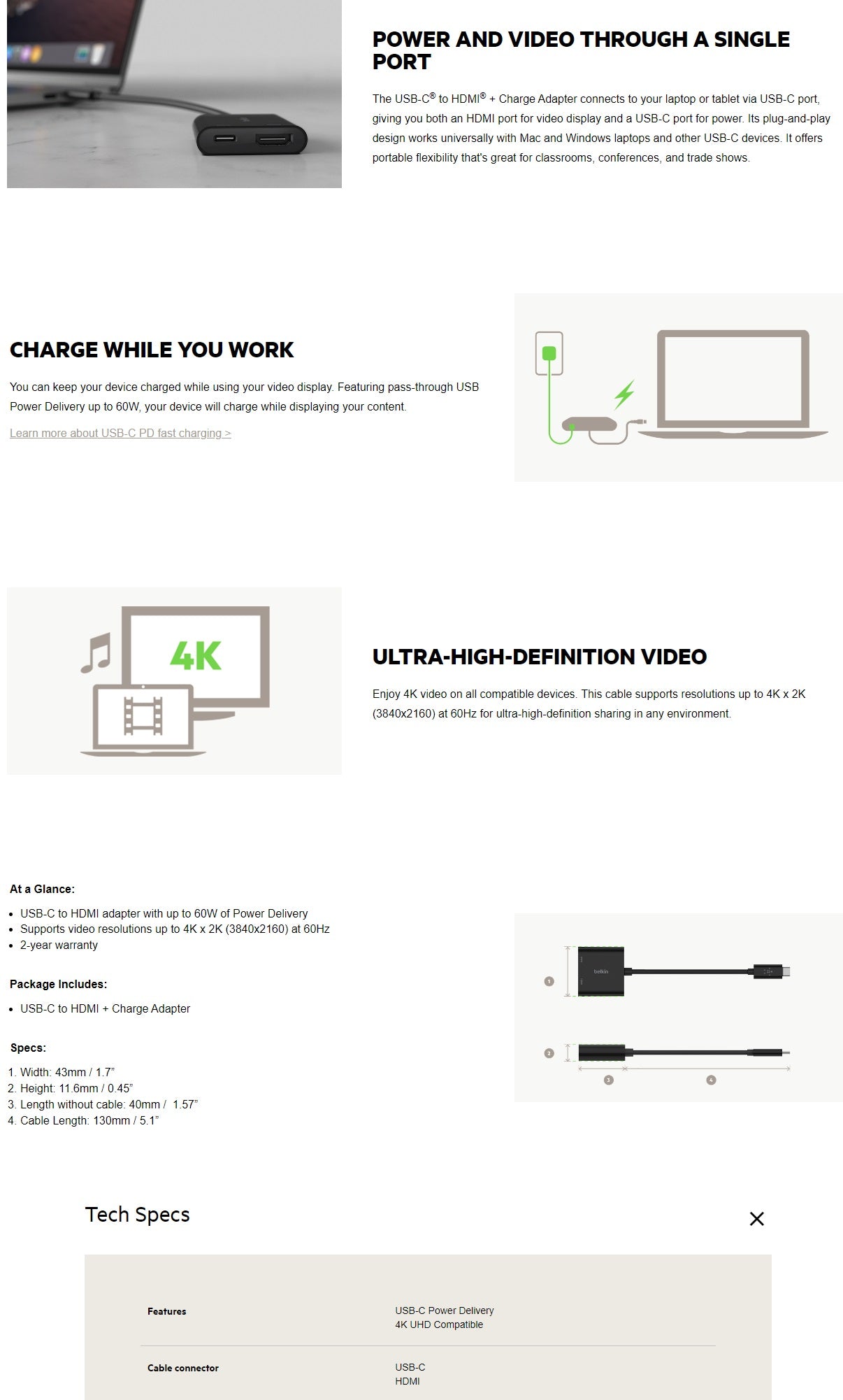 Belkin USB-C to HDMI + Charge Adapter + USB-C  Cable (13CM) - Black (AVC002btBK), 60W, Supports Video Resolutions up to 4K, 2 Years Warranty - Image 4