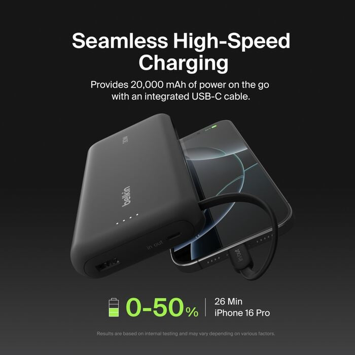 Belkin BoostCharge 20K mAh Power Bank With Integrated USB-C Cable - Black (BPB024FQBK), 30W, 2xUSB-C, 1x USB-A, CEW $2,500, Apple, 2 Years Warranty - Image 4