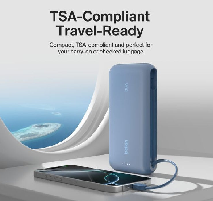 Belkin BoostCharge 20K mAh Power Bank With Integrated USB-C Cable - Blue (BPB024fqBL), 30W, 2xUSB-C, 1x USB-A, CEW $2,500, Apple, 2 Years Warranty - Image 4