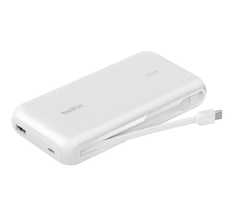 Belkin BoostCharge 20K mAh Power Bank With Integrated USB-C Cable - White (BPB024fqWH), 30W, 2xUSB-C, 1x USB-A, CEW $2,500, Apple, 2 Years Warranty - Image 1