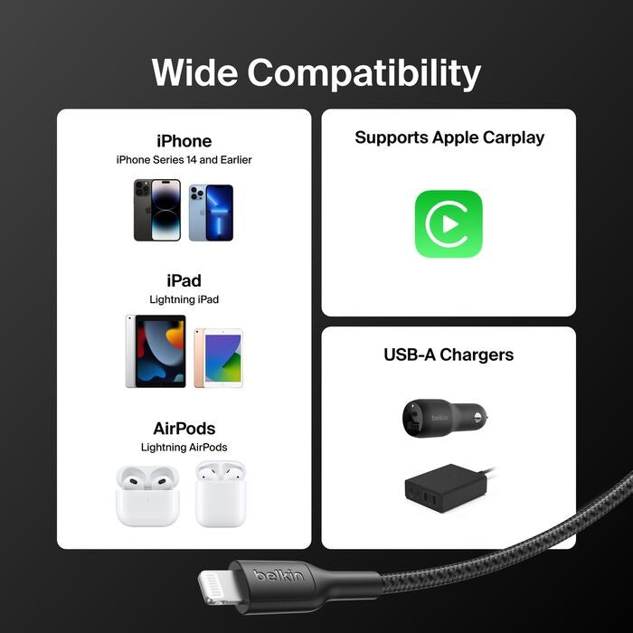 Belkin BoostCharge Pro Braided Lightning to USB-A Cable (2M) - Black (CAA020FQ2MBK), 2.4A/15W, 480Mbps, 350K Bends, MFI-Certified, 2 Years Warranty - Image 4