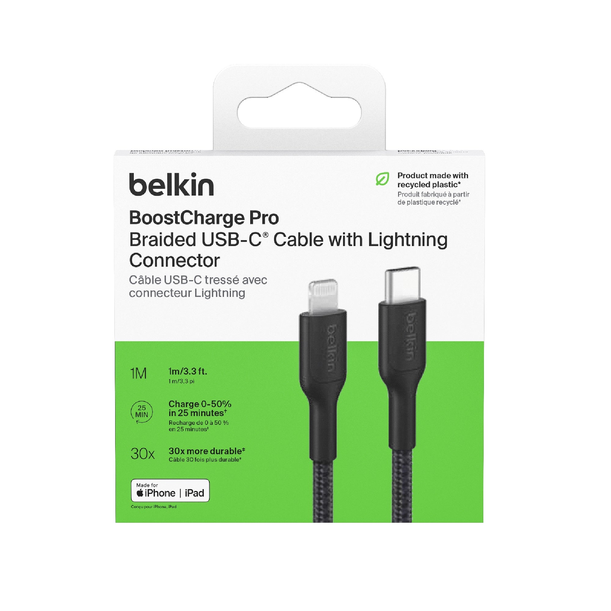 Belkin BoostCharge Pro Braided Lightning to USB-C Cable (1M) - Black (CAA022FQ1MBK),3A/15W, 480Mbps,350K+ Bends,Apple, MFI-Certified, 2 Years Warranty - Image 3