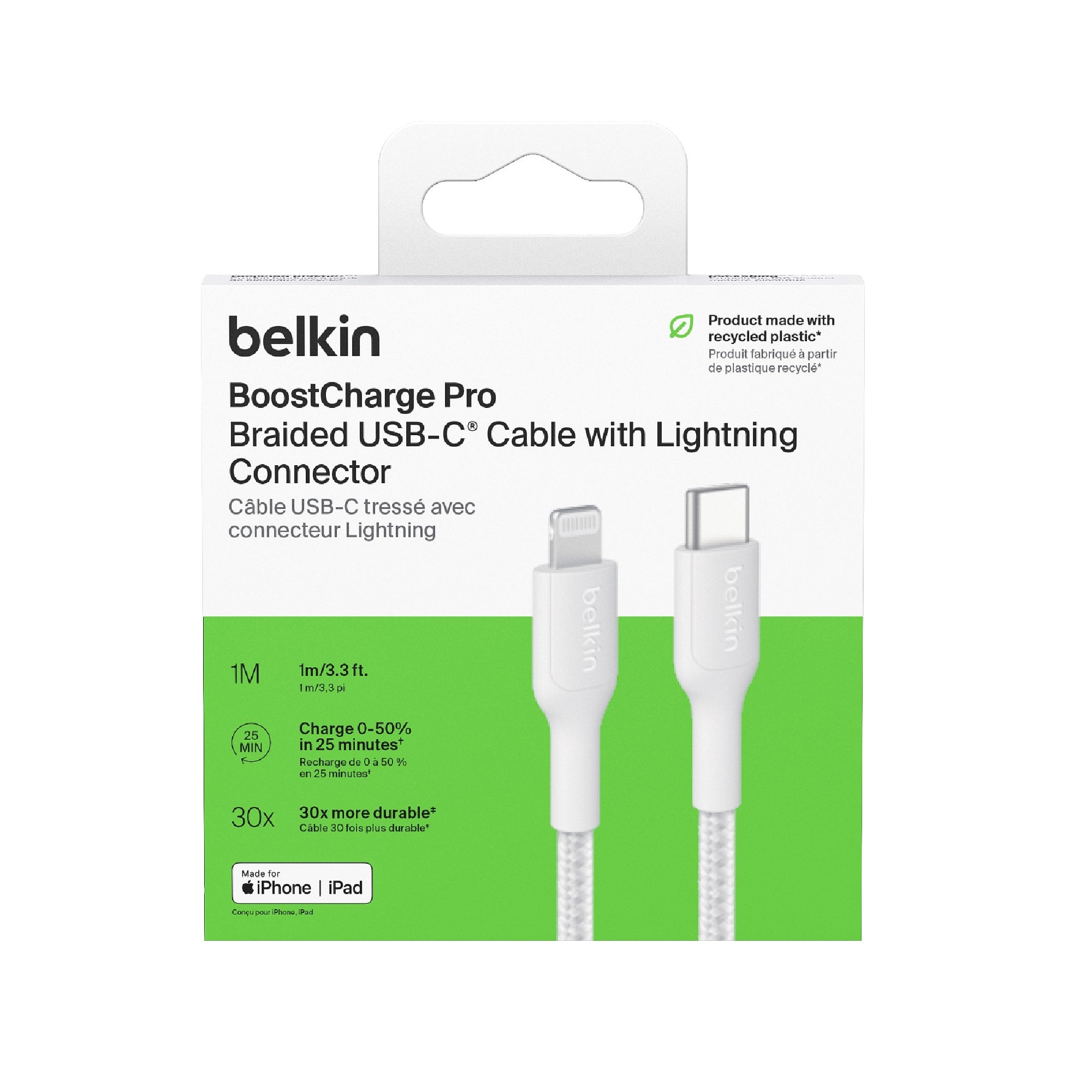 Belkin BoostCharge Pro Braided Lightning to USB-C Cable (1M) - White (CAA022FQ1MWH),3A/15W, 480Mbps,350K+ Bends,Apple, MFI-Certified, 2 Years Warranty - Image 3
