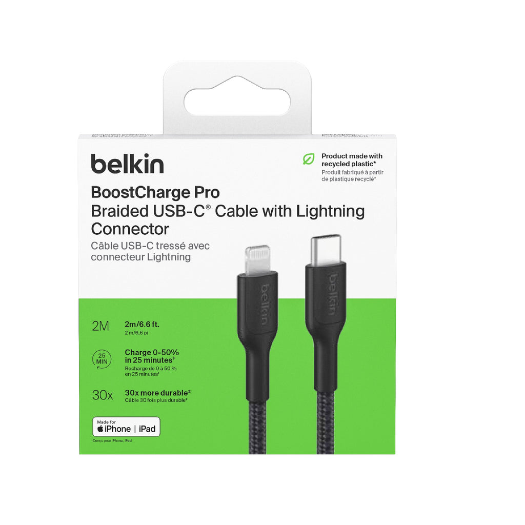 Belkin Boostcharge Pro Braided Lightning to USB-C Cable (2M) - Black (CAA022FQ2MBK),3A/15W, 480Mbps,350K+ Bends,Apple, MFI-Certified, 2 Years Warranty - Image 3