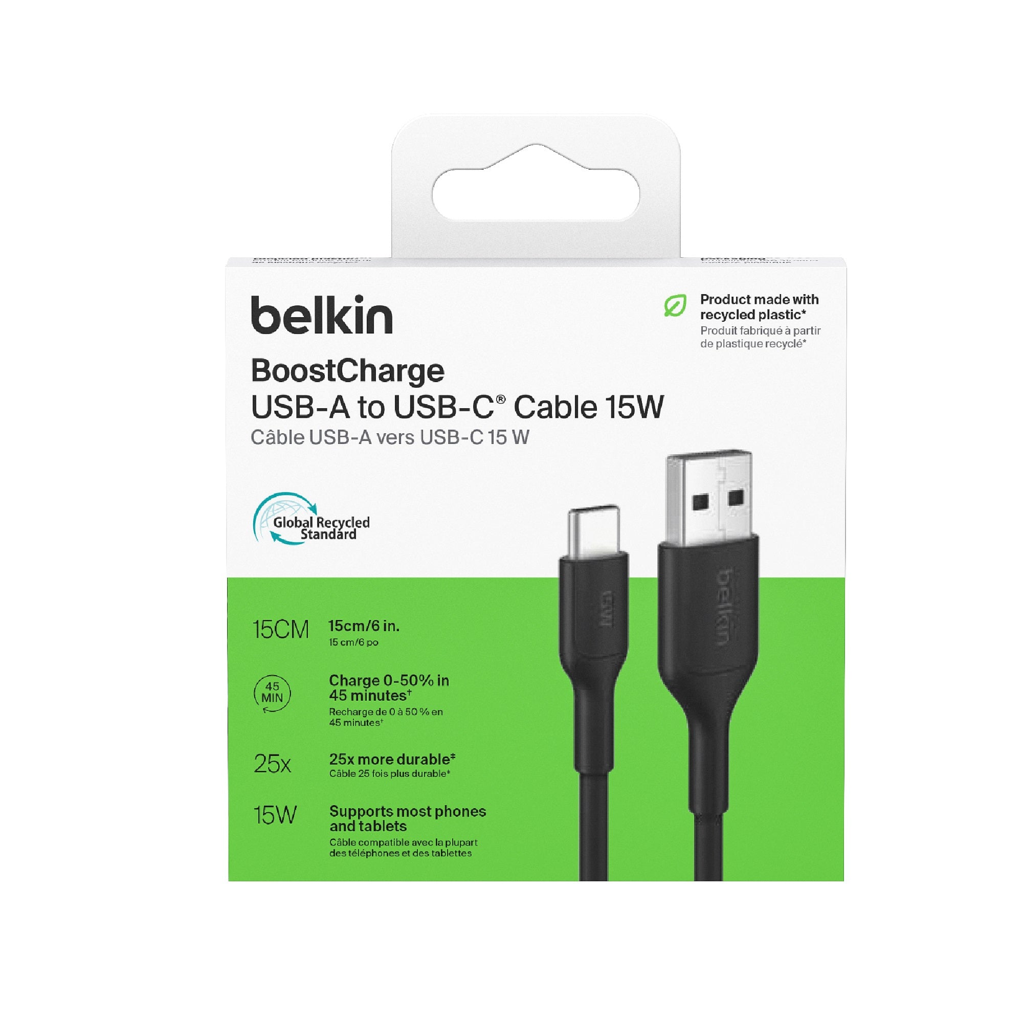 Belkin BoostCharge USB-C to USB-A Cable (0.15M) - Black (CAB021fq0MBK),3A/15W, 480Mbps, 300K+ Bends, Apple, Samsung, USB-IF Certified,2 Years Warranty - Image 3