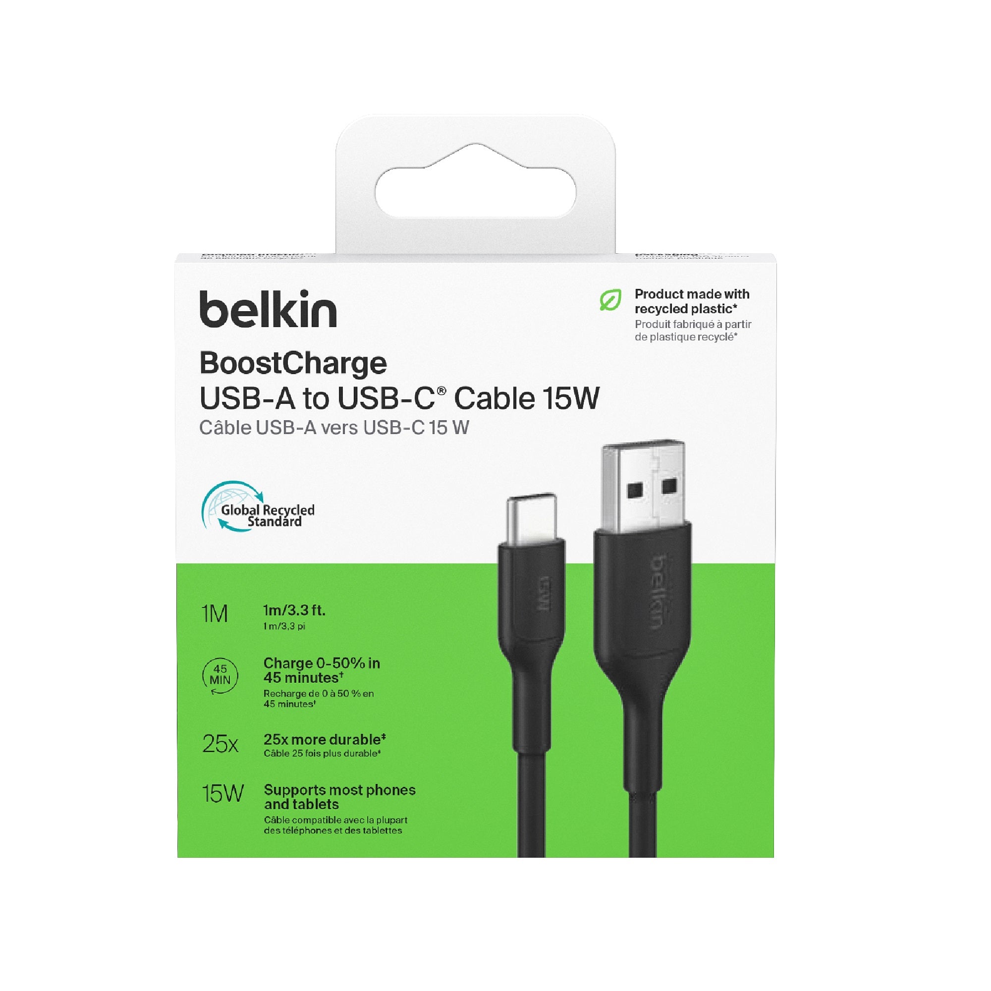 Belkin BoostCharge USB-C to USB-A Cable (1M) - Black (CAB021fq1MBK), 3A/15W, 480Mbps, 300K+ Bends, Apple, Samsung, USB-IF Certified, 2 Years Warranty - Image 2