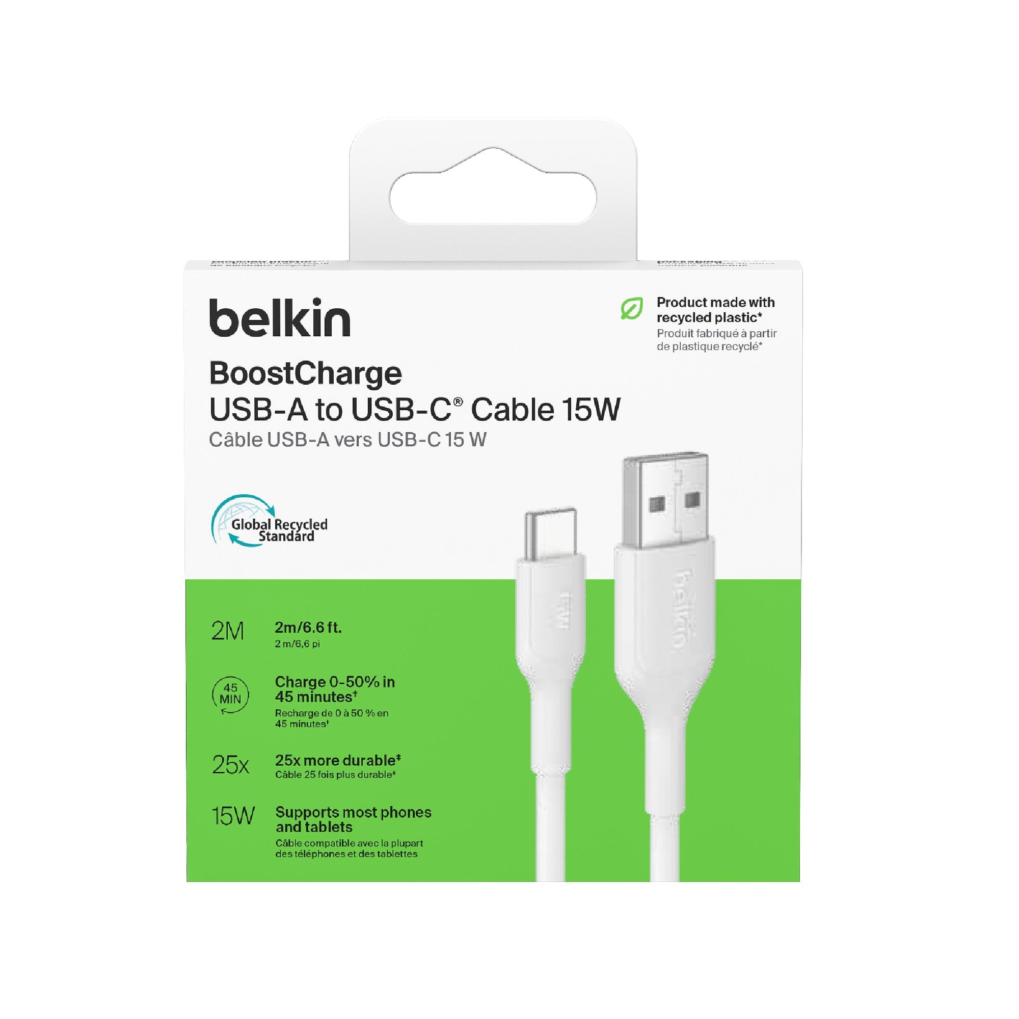 Belkin BoostCharge USB-C to USB-A Cable (2M) - White (CAB021fq2MWH), 3A/15W, 480Mbps, 300K+ Bends, Apple, Samsung, USB-IF Certified, 2 Years Warranty - Image 2