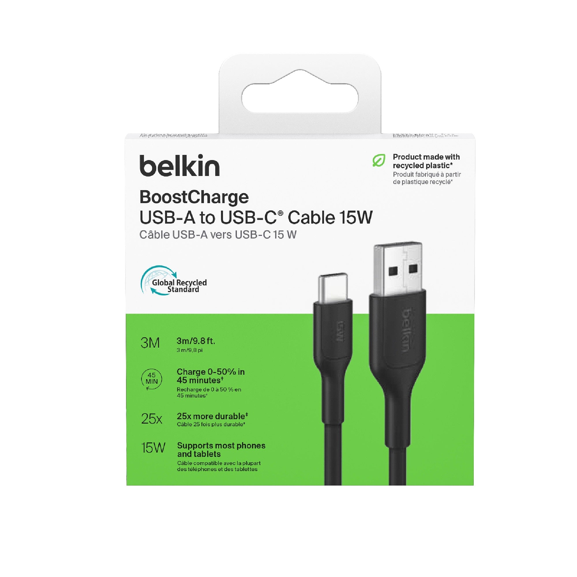 Belkin BoostCharge USB-C to USB-A Cable (3M) - Black (CAB021fq3MBK), 3A/15W, 480Mbps, 300K+ Bends, Apple, Samsung, USB-IF Certified, 2 Years Warranty - Image 2