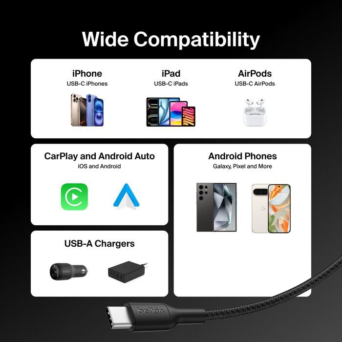 Belkin BoostCharge Pro Braided USB-C to USB-A Cable (2M) - Black (CAB022fq2MBK), 3A/15W, 480Mbps, 350K+ Bends, Apple,USB-IF Certified,2 Years Warranty - Image 4