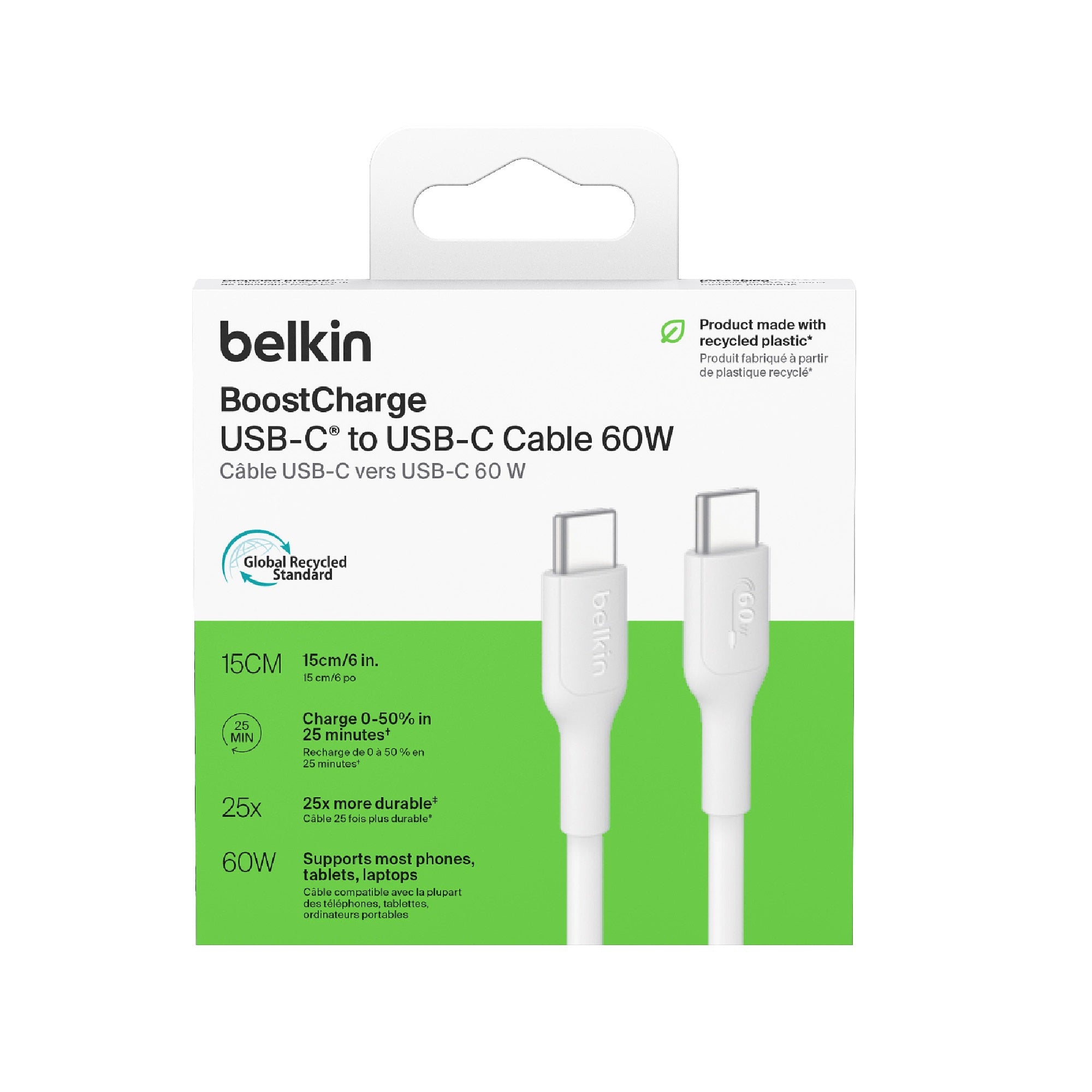 Belkin BoostCharge USB-C to USB-C Cable (0.15M) - White(CAB023fq0MWH), 3A/60W, 480Mbps, 300K+ Bends, Apple, Samsung, USB-IF Certified,2 Years Warranty - Image 3